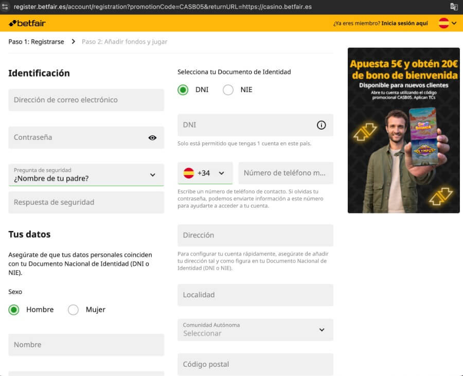 registrarse en Betfair casino España